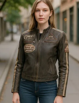 Women's Biker Racing Badges Leather Jacket-Eastleigh in Light Tan Size: 14 - Light Tan - Size: 14 - Infinity Leather - FashionsVida