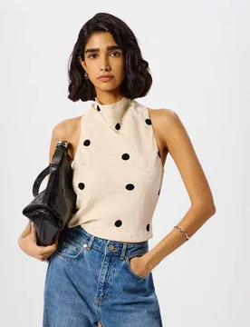 Satin Polka Dot Halter Neck Tie Detail Blouse Cream Mix female - Whistles - FashionsVida