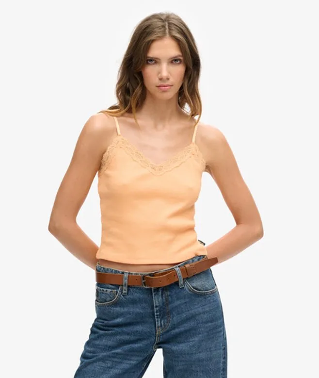 Superdry Damen Geripptes Vintage Mini Trägertop mit Spitze Orange - Größe: M/L - 24.99 - FashionsVida