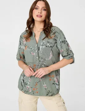 Women's Sequin Trim V-Neck Relaxed Blouse in Khaki Size: 10 - Khaki - Size: 10 - Izabel London - FashionsVida
