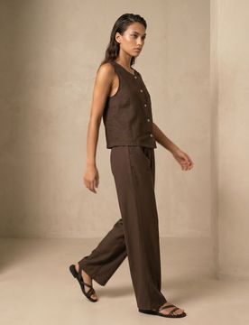 Blusa senza maniche con bottoni in viscosa con misto lino - marrone polveroso
