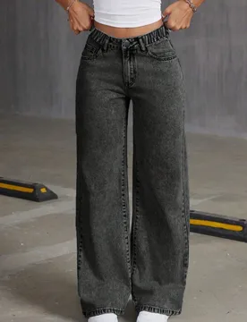 Jeans rectos y anchos de pierna ancha de unicolor, cómodos y de corte holgado para niñas preadolescentes - Shein - FashionsVida