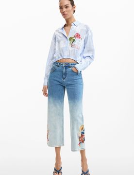 Pantalón vaquero culotte bordados, Mujer, Algodon, Azul, 34