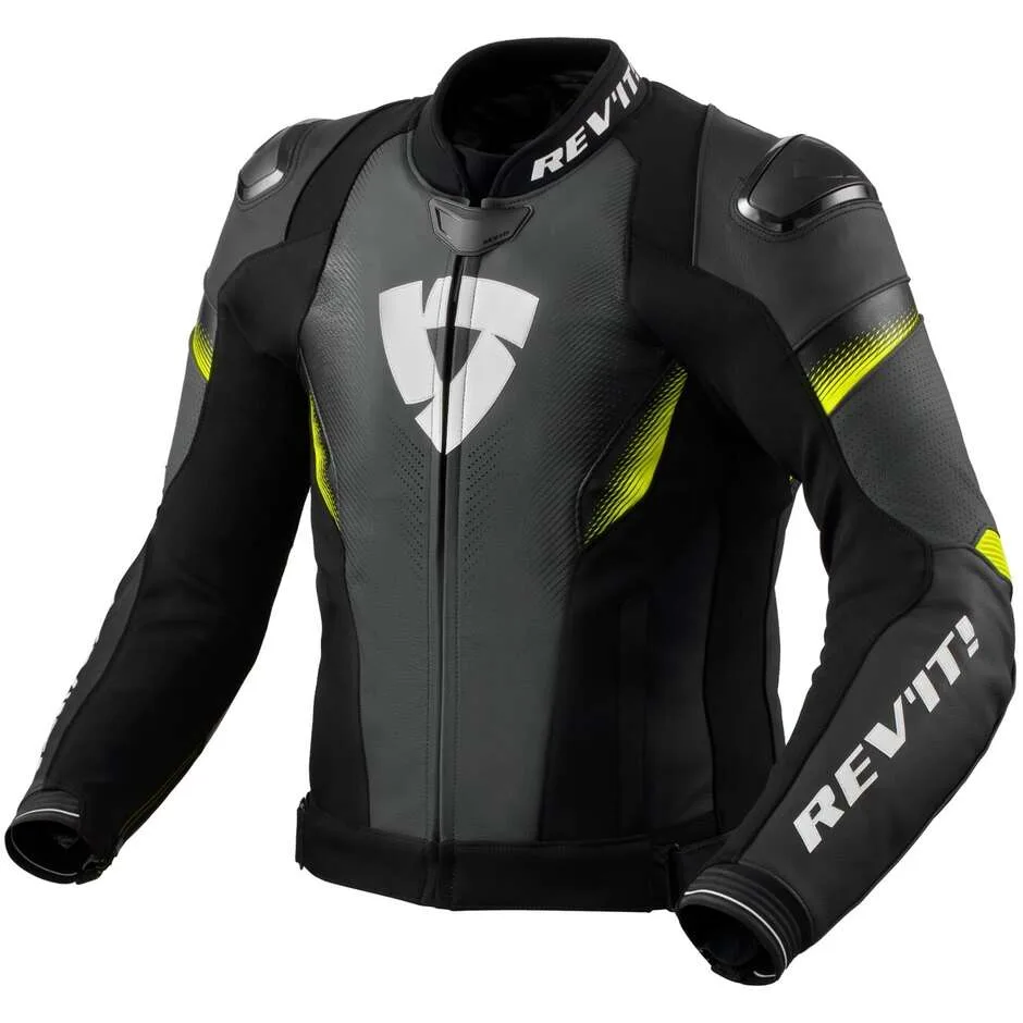 Giubbotto Moto Pelle CONTROL Nero Giallo Neon taglia 46 - Rev'it - FashionsVida