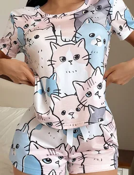 Conjunto de pijama a juego familiar con estampado lindo de gato para mujer - Shein - FashionsVida