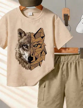 Conjunto de Camiseta de Manga Corta y Pantalones Cortos con Estampado de Cabeza de Lobo Geométrico, Adecuado para Adolescentes Varones, Regalo de Ver - Shein - FashionsVida