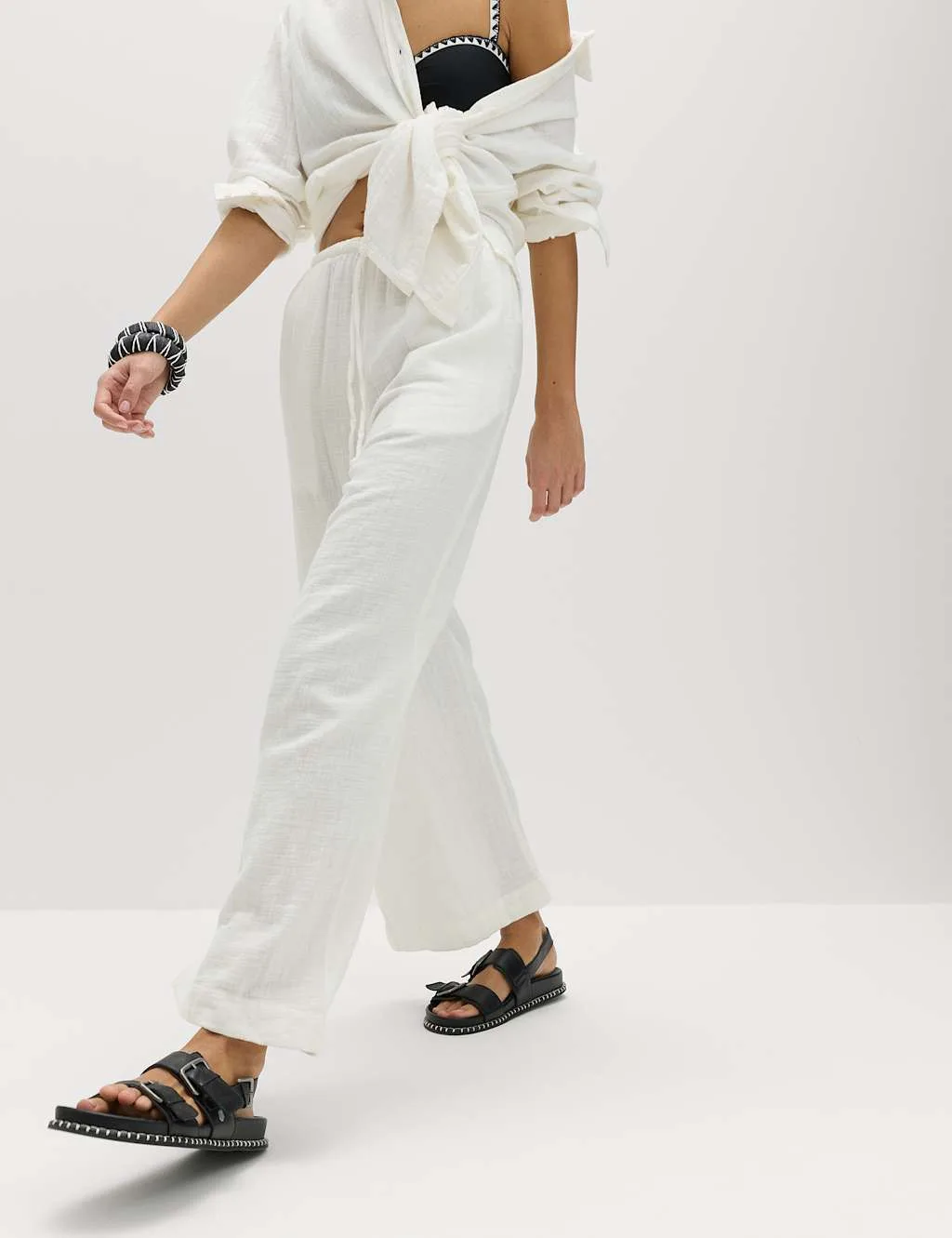 Pure Cotton Drawstring Beach Trousers Soft White female - M&S - FashionsVida