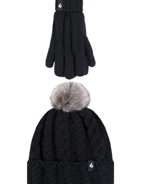 Kids 1 Pack SOCKSHOP Cable Turn Over Pom Pom Hat & Gloves Black 11+ Years - Black - Size: 11+ Years - Heat Holders - FashionsVida