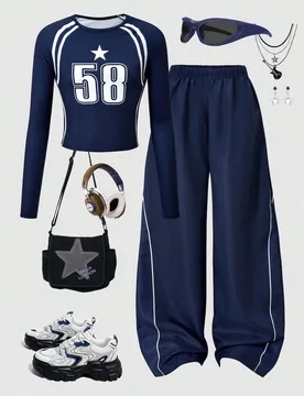 Set de 2 piezas de top de manga larga con estampado numérico azul marino y pantalones anchos para niñas conjunto informal - Shein - FashionsVida
