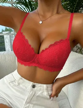 Sujetador con aros de encaje floral con volantes para mujer, tela cómoda y transpirable, efecto push up con recogido del busto, gran soporte & tirant - Shein - FashionsVida