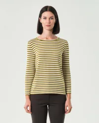T-shirt color panna a righe verde oliva a maniche lunghe in viscosa stretch