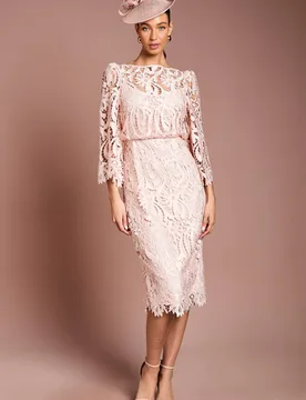 Women's Satin Lace Boat Neck Midi Dress With Fluted Sleeve in Blush Size: 18 - Blush - Size: 18 - Coast - FashionsVida