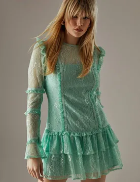 Women's Lace Ruffle Insert Mini Dress in Sage Size: 10 - Sage - Size: 10 - Warehouse - FashionsVida