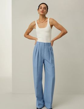 Donna Pantaloni Seta Lino Eleganti Gamba Larga 42P
