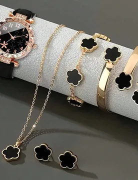 Juego de 7 piezas de reloj digital de cuarzo con cielo estrellado negro de moda, con 6 piezas de collar, pulsera, anillo y pendientes con flor de la s - Shein - FashionsVida