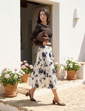 Gonna midi in viscosa con motivo floreale e cintura - multicolor