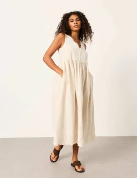 Pure Cotton Embroidered Midi Waisted Dress Natural Mix female - Fatface - FashionsVida