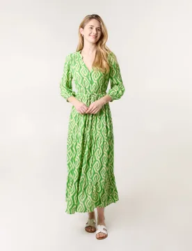 Abstract Button Front Belted Dress - S/M / GREEN - female - Blue Vanilla - FashionsVida