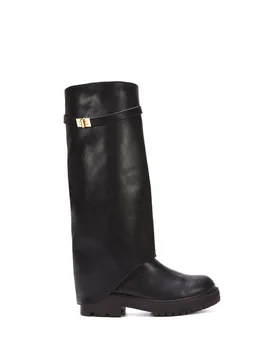 Women's 'Amina' Chunky Low Heel Knee High Fold Over Boots in Black Size: 3 - Black - Size: 3 - XY London - FashionsVida
