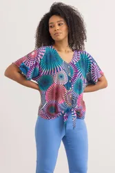 Circle Print Tie Front Top - Blue - Size: XL