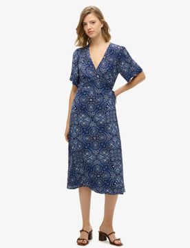 Superdry Damen Bedrucktes Wickel-midikleid Marineblau - Größe: 40