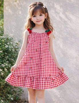 Vestido de tirantes con estampado de cuadros de cereza para niñas, vestido de verano fresco y dulce con volantes en el bajo, vestido de princesa con