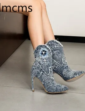 Autumn Women's Shoes Embroidered Comfortable Denim Boots New Pointed High Heels for Women Designer Short Boots Zapatos De Mujer - Aliexpress - FashionsVida