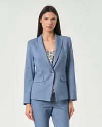 Blazer monopetto blu denim in misto viscosa con filo lamé e tasche a filetto con patta