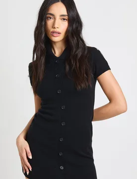 Womens Knitted Button Through Mini Dress - Black Viscose - Size Medium - Boohoo - FashionsVida