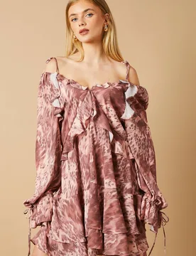 Women's Cow Printed Ruffle Detail Mini Dress Size: 12 - Multicolor - Size: 12 - OASIS - FashionsVida