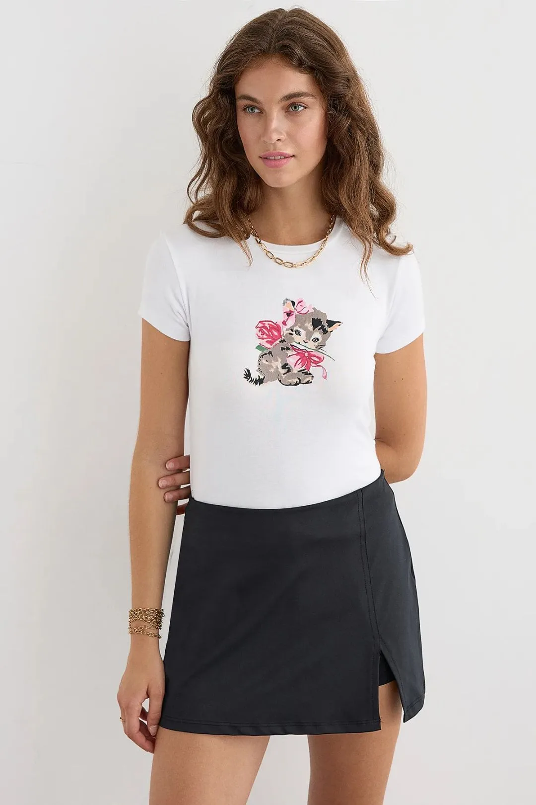 Womens Basic Printed Short-Sleeve T-Shirt - White - Size Small - Hiccup - FashionsVida