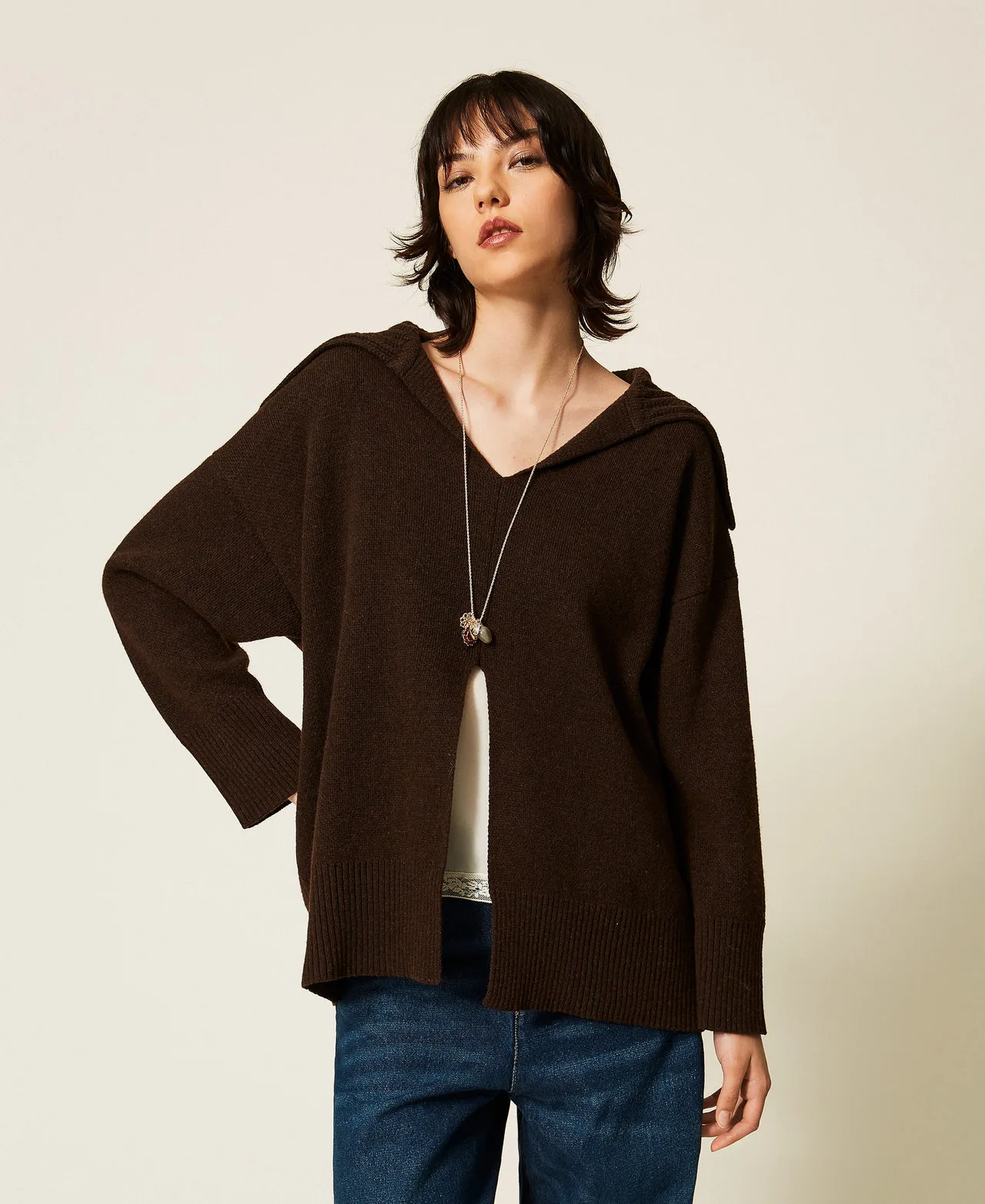 Maxi pull en laine mélangée avec fente - TWINSET - FashionsVida
