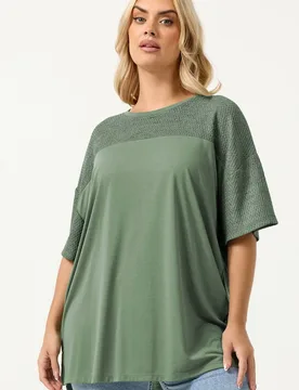 Woven Panel Oversized T-Shirt - Green - Size: 26-28 - Yours - FashionsVida