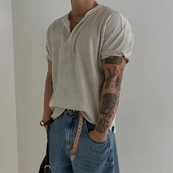 Men's Summer Henley Collar Waffle Knit Short Sleeve T Shirt Minimalist Lightweight Breathable Side Slit Base Top