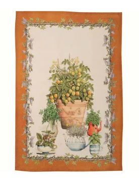 Canovaccio in lino arancione con riquadro avorio e stampa vaso piante aromatiche - Tessitura Toscana Telerie - FashionsVida