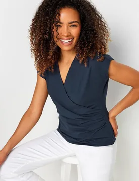 Women's Short Sleeve Wrap Top in Blue Size: 16 - Blue - Size: 16 - M&Co - FashionsVida