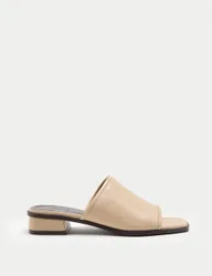 Leather Block Heel Peep Toe Mules Cream female