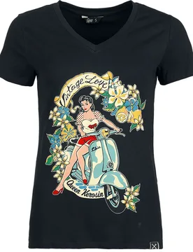 Rockabilly T-Shirt - Vintage Love - XS bis XXL - für Damen - Größe S - schwarz - Frauen - female - Queen Kerosin - FashionsVida