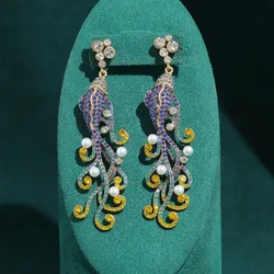 Vintage Peacock Colorful Glass Pearl Earrings Luxury Antique Art Deco Gold Color Rhinestone Jewelry For Women Brand High Quality