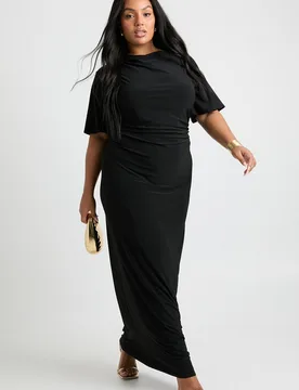 Womens Plus Angel Sleeve Gathered Side Column Maxi Dress - Black - Boohoo - FashionsVida