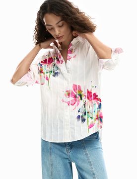Camisa manga larga tableado flores, Mujer, Algodon, Blanco, XS