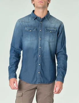 Camicia western in denim di puro cotone lavaggio medio stone washed - My Stuff - FashionsVida