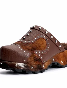 Luxury Handmade Fur Clogs Slippers for women,Natural Calf Hair Cow Leather Studded Mules,Vintage Cowboy Style with Arch Support - Aliexpress - FashionsVida