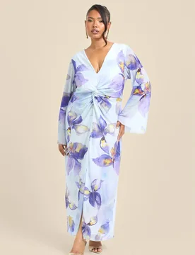 Women's Curve Floral Lily Print Twist Front Mesh Flare Sleeve Midi Dress in Purple Size: 26-28 - Purple - Size: 26-28 - FASHION-SZN - FashionsVida