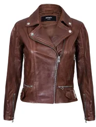 Leather Biker Jacket-Stockholm - Brown - Size: 22
