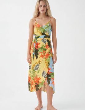 Vestido midi cruzado tropical, Mujer, Viscosa, XS