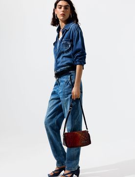 Pantalon en jean balloon coutures, , Coton, Bleu, 36