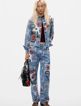 Pantalon en denim imprimé 100 % coton, , Coton, Bleu, 34