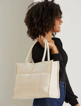 Quilted Pu Leather Tote Bag with Detachable Strap - Cream - Size: One Size - Belissh - FashionsVida