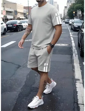 Set de 2 piezas Conjunto de verano único para hombres con estampado de rayas, que incluye camiseta de manga corta de cuello redondo y pantalones cort - Shein - FashionsVida